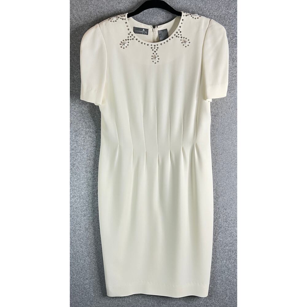 Liz Claiborne Vintage Dress Women 12 Ivory Sheath Beaded Pearl Neck Short Sleeve
